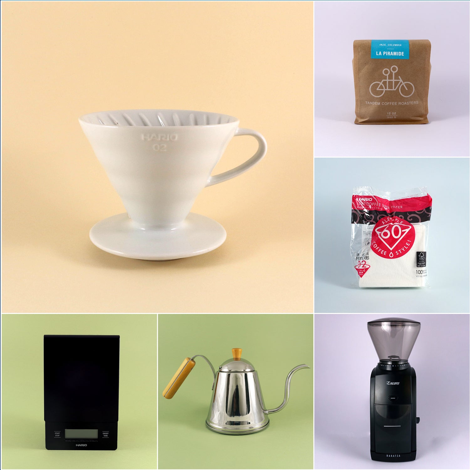A collage of six images features the V60 Starter Kit by Tandem Coffee Roasters, showcasing a white V60 dripper, a brown bag of La Pirámide coffee beans, a pack of Hario V60 coffee filters, a digital coffee scale, a stainless steel gooseneck kettle, and a Baratza coffee grinder.