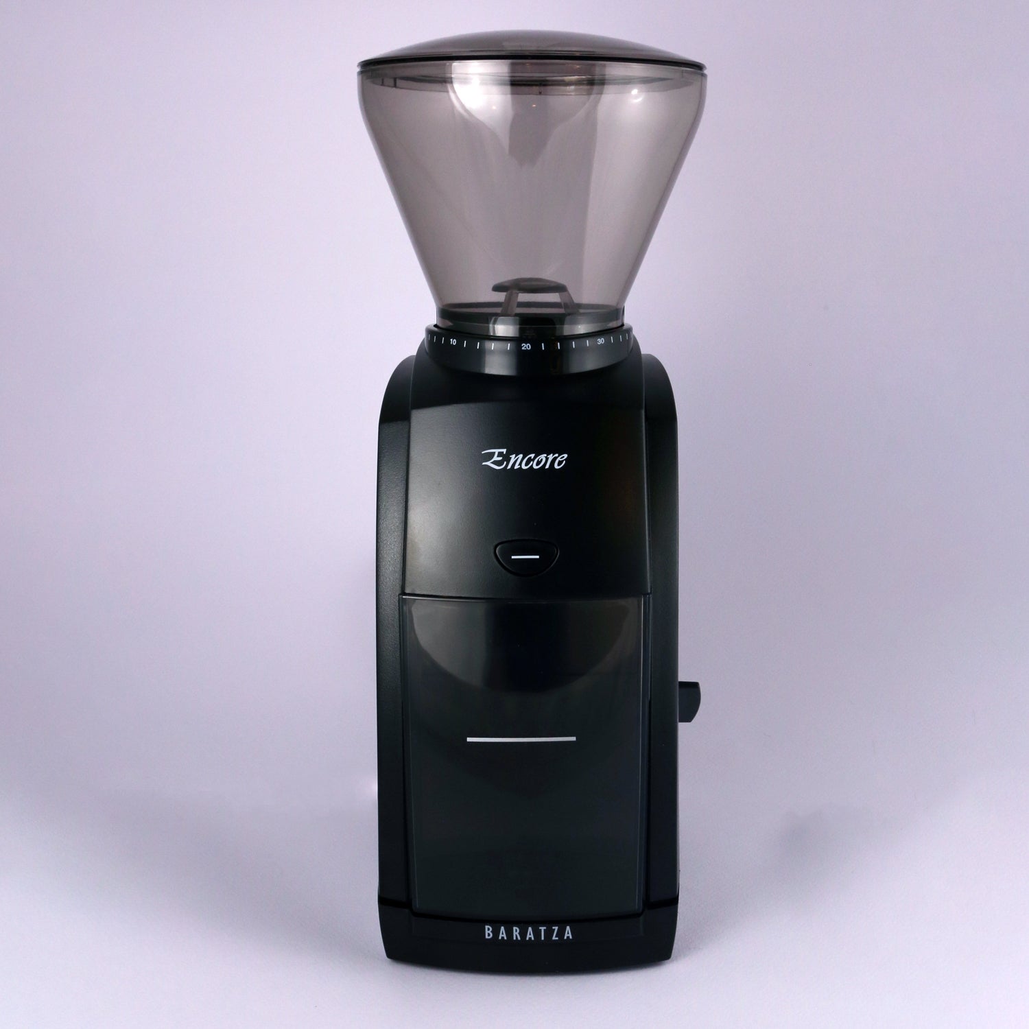A black Tandem Baratza Encore Coffee Grinder with a transparent bean hopper on top, positioned against a neutral gray background.