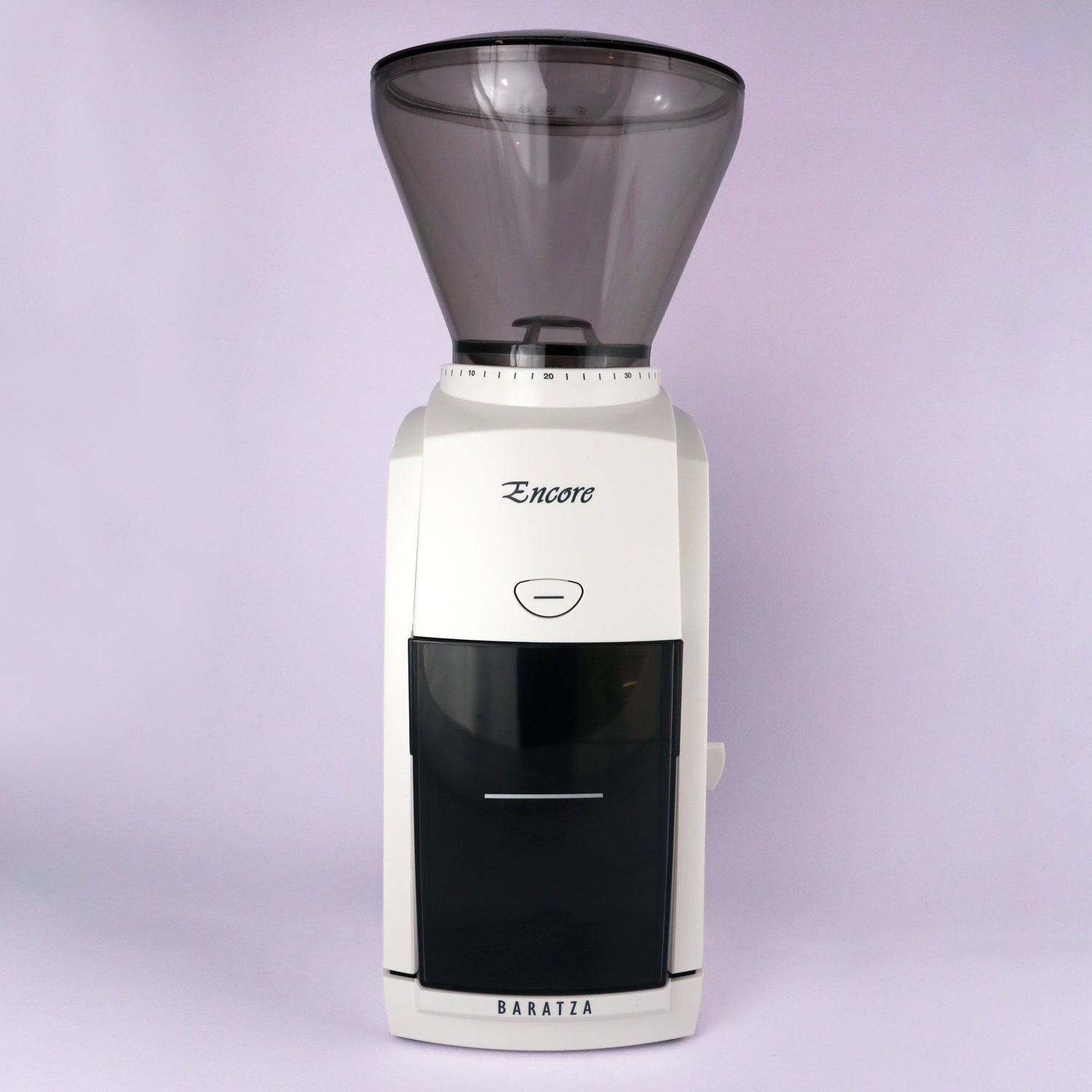 A black Tandem Baratza Encore Coffee Grinder with a transparent bean hopper on top, positioned against a neutral gray background.