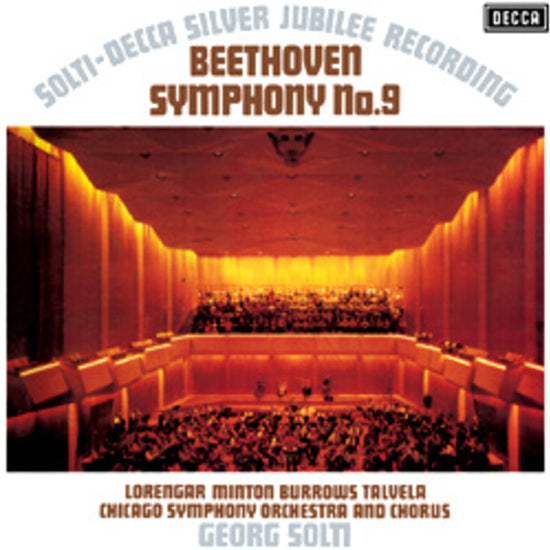 The album cover for Tandem Coffee Roasters' "Beethoven / Georg Solti / Chicago Symphony Orchestra And Chorus, Lorengar, Minton, Burrows, Talvela - Symphony No. 9" features an orange-lit hall with the orchestra on stage and the title above.