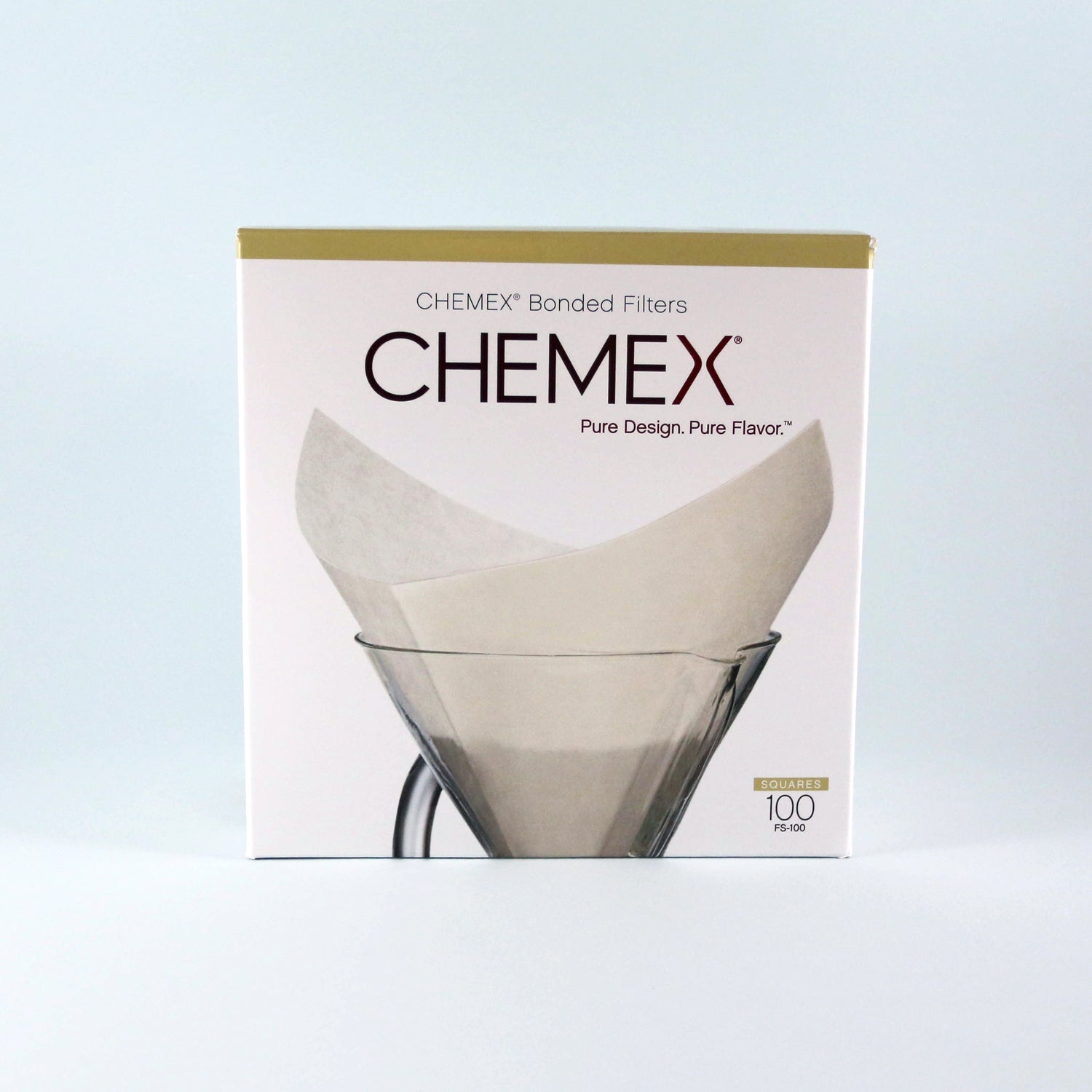 A box of Tandem Coffee Roasters Chemex Bonded Filters for coffee brewing, displayed against a plain light background. The box is tan and white, featuring an image of a Chemex coffee maker with a filter.