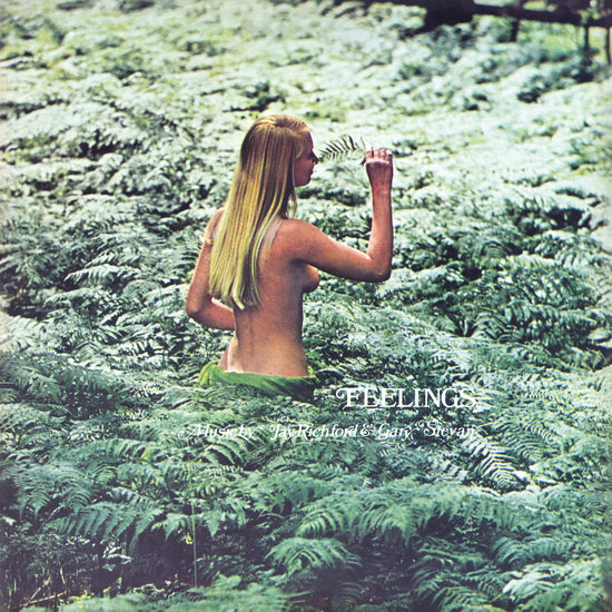 A topless woman with long blonde hair stands among lush ferns, holding a frond. "Jay Richford & Gary Stevan - Feelings" appears in white at the corner, as featured by Tandem Coffee Roasters.