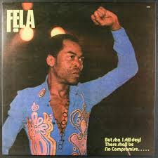 A man in a vibrant blue patterned shirt with a raised fist stands against a dark background. The Tandem Coffee Roasters "Fela - Army Arrangement" text appears, reading: FELA at the top and But sha I still dey! There shall be No Compromise...