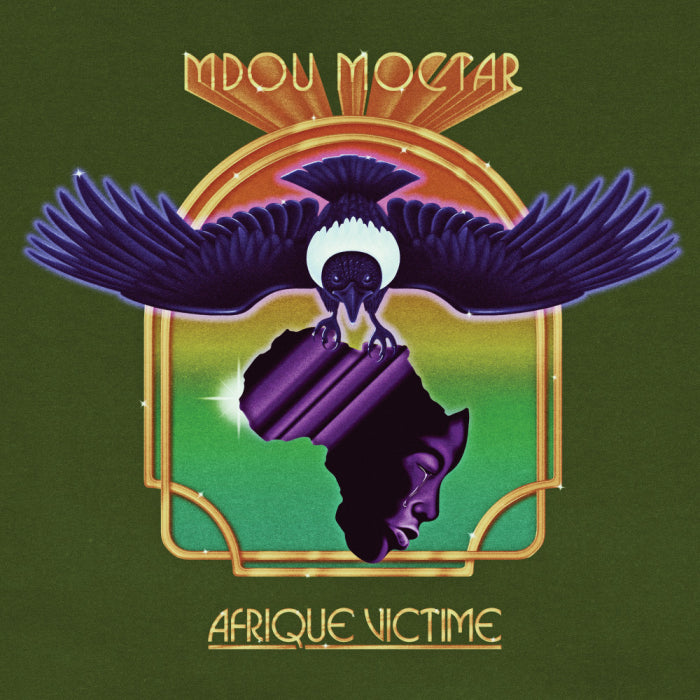 Album cover for Mdou Moctar's "Afrique Victime" by Tandem Coffee Roasters features a green background, an eagle with wings spread, an illustration of the African continent, and a face integrated into the design. Art Deco-inspired geometric lines frame this stunning piece that resonates with the energy found in "Ya Habibti.
