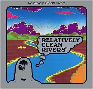 The album "Relatively Clean Rivers" by Tandem Coffee Roasters features a colorful cover with a winding river at sunset and a stylized Phil Pearlman in the foreground thinking “RELATIVELY CLEAN RIVERS.”.