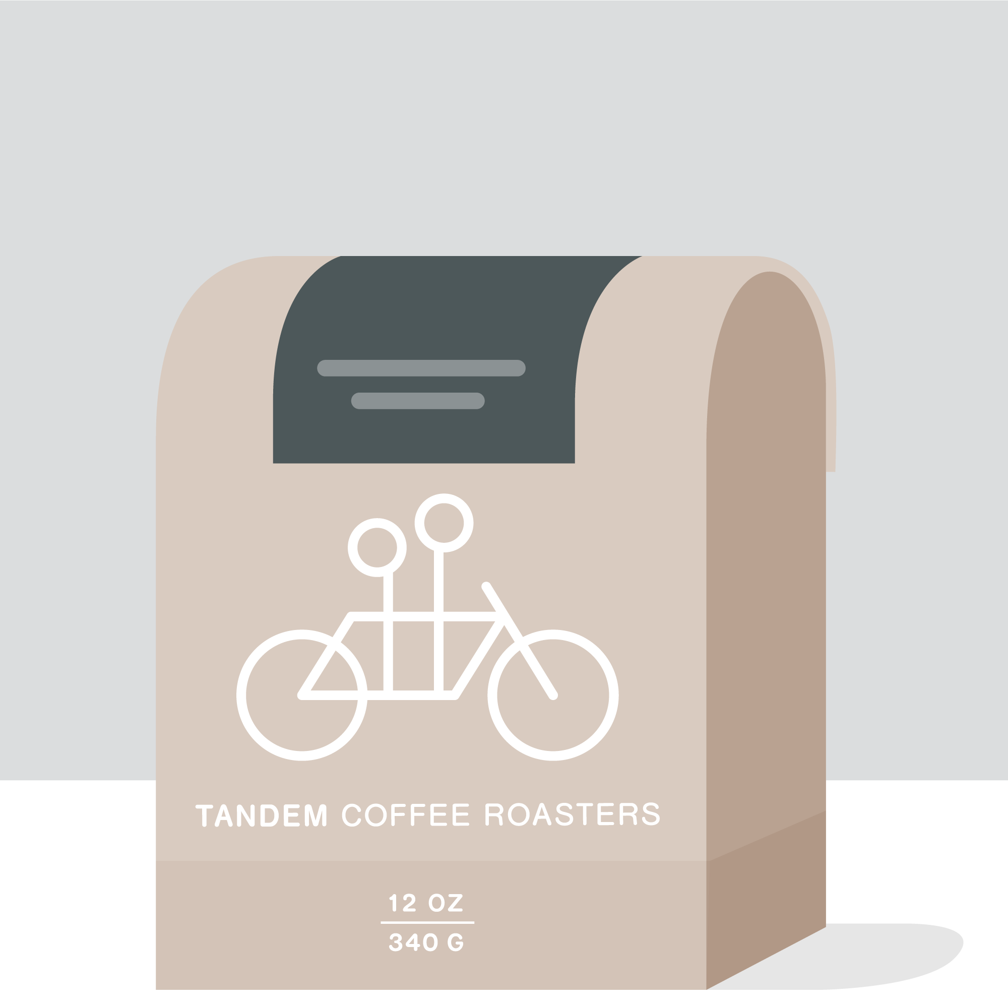 A stylized image of a beige paper bag from Tandem Coffee Roasters featuring Stoker roasted coffee with a bicycle logo, indicating the contents to be 12 oz (340 g) of coffee.