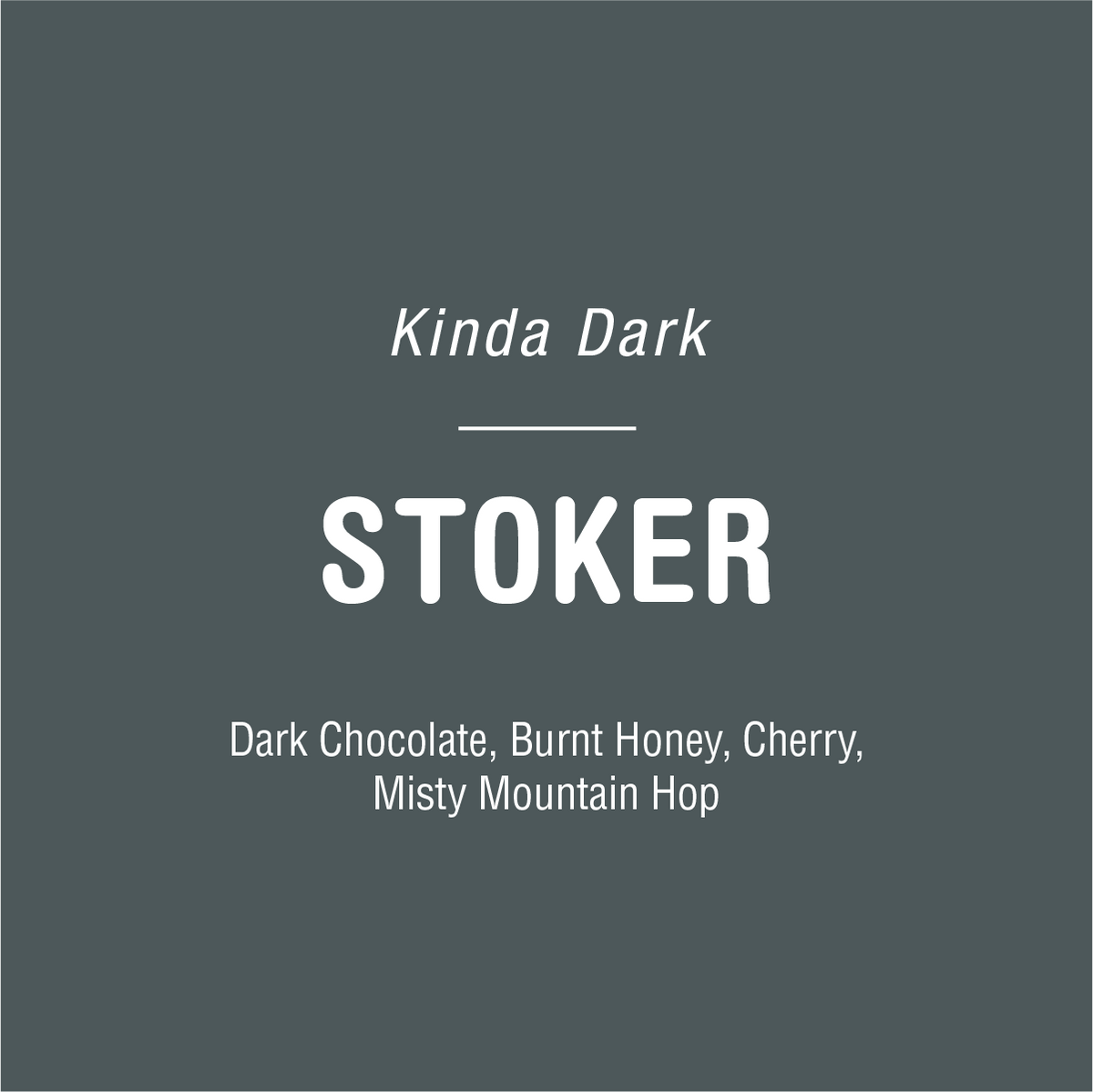 Text on a gray background reads "Kinda Dark roasted coffee, Tandem's roastiness, dark chocolate, burnt honey, cherry, misty mountain hop," suggesting flavors or themes, possibly of a