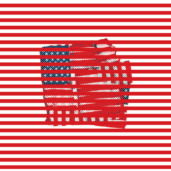 Tandem Coffee Roasters’ Tortoise - Standards features a stylized American flag with red stripes over a distressed, dotted center, creating an abstract, layered effect reminiscent of a Seneca-inspired Firefly motif.