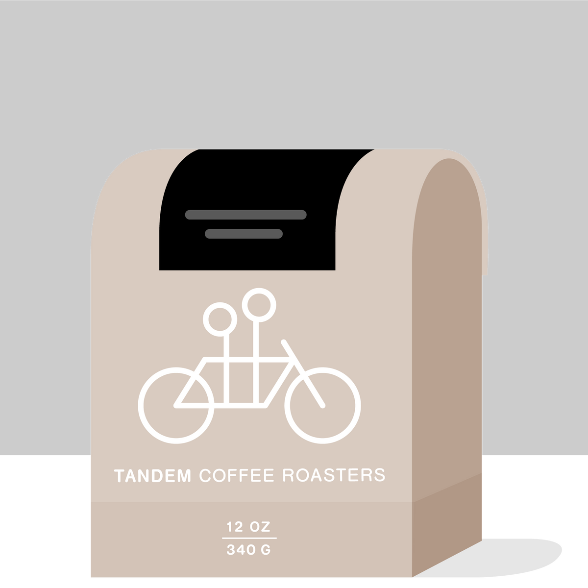 Illustration of a grey coffee bag with a white bicycle logo. The bag is labeled "Tandem Coffee Roasters" and "12 oz, 340 g Whole Bean Test Batch." It has a handle.