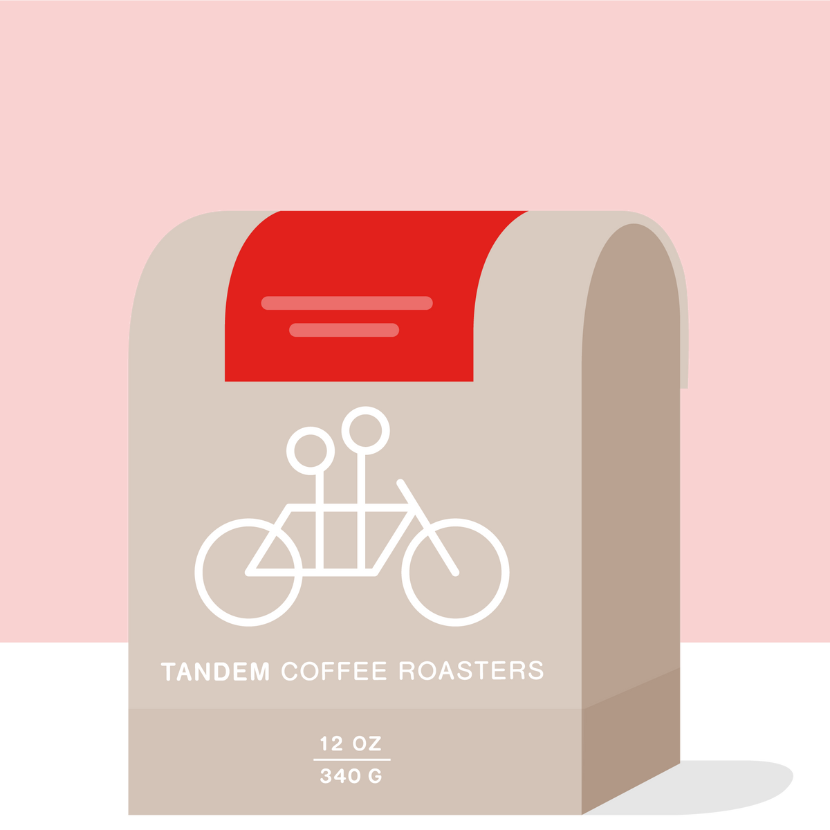 A minimalist design of a gray Time & Temperature coffee bag from Tandem featuring a white tandem bicycle logo, placed against a bold red background. This espresso blend bag indicates a capacity of 12 oz (340g).
