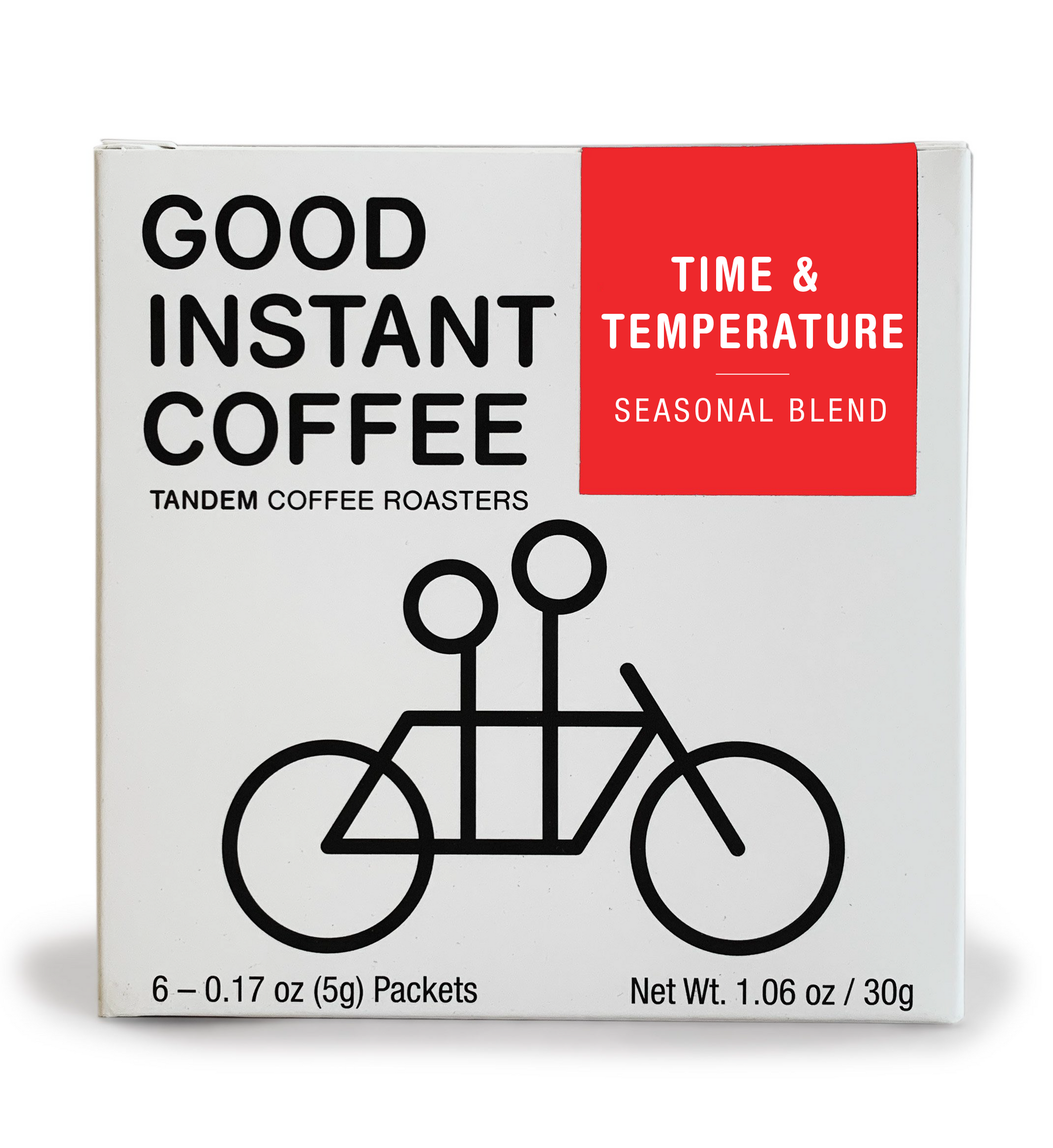 A box of Tandem's "Time and Temperature Instant Coffee - 6 pack" labeled "Time & Temperature Seasonal Blend," featuring a tandem bicycle graphic, containing six 0.17 oz packets each.