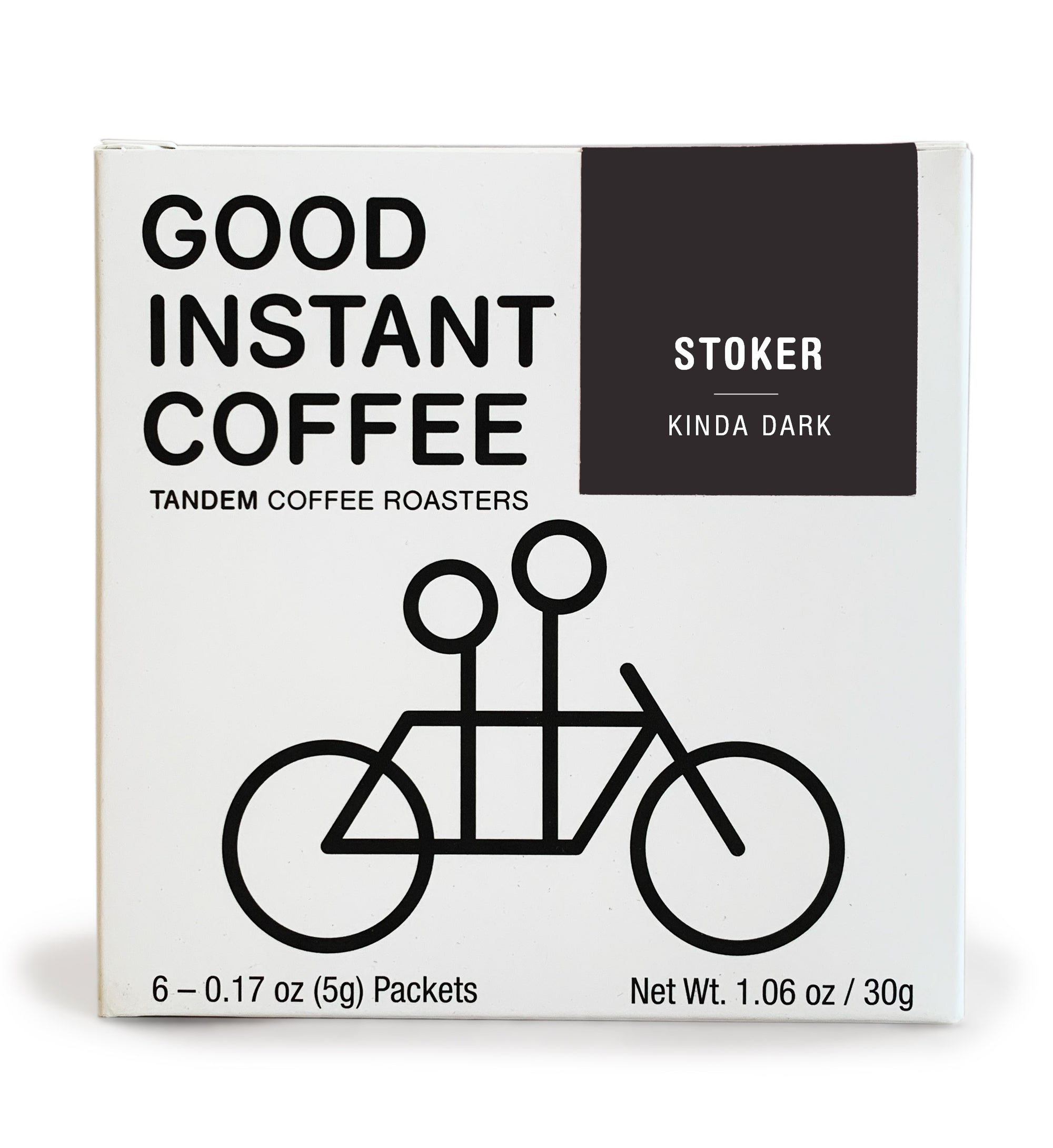 A box of Stoker Instant Coffee from Tandem Coffee Roasters labeled as "Stoker Kinda Dark." Perfect for camping, it features a black graphic of a tandem bicycle on a white