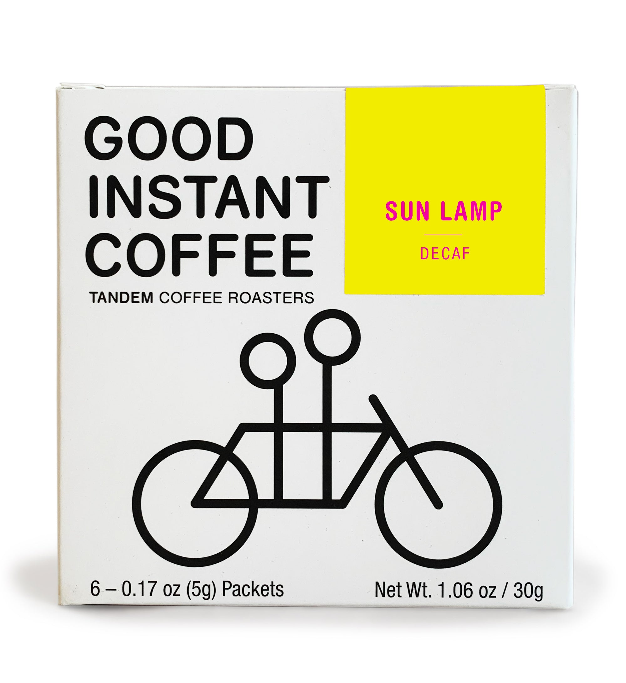 A box of good decaffeinated coffee from Tandem Coffee Roasters, featuring a graphic of a tandem bicycle. The box is labeled "Decaf" with "Sun Lamp" and lists six