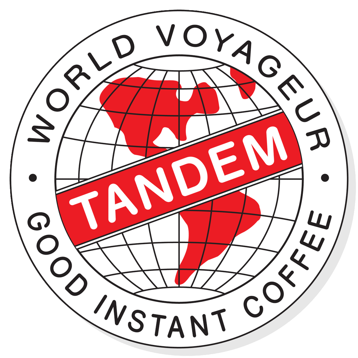 Logo featuring a globe with Africa and parts of Europe and Asia, labeled "Tandem World Voyageur instant coffee packets" with a red diagonal band reading "Tandem Coffee Roasters".
