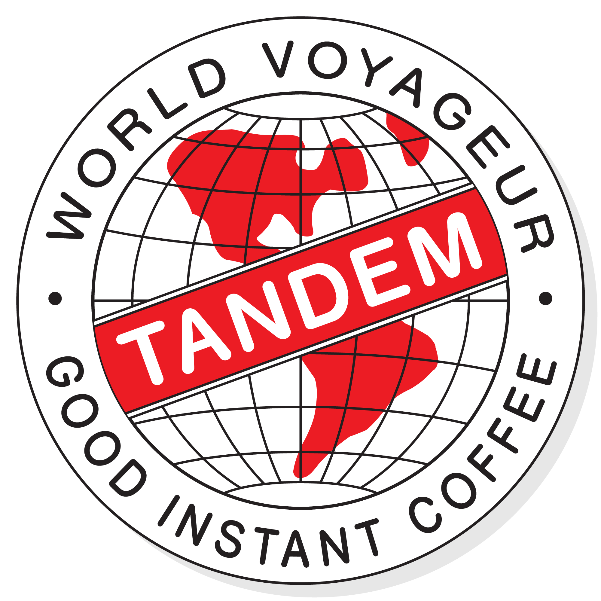 Logo featuring a globe with Africa and parts of Europe and Asia, labeled "Tandem World Voyageur instant coffee packets" with a red diagonal band reading "Tandem Coffee Roasters".