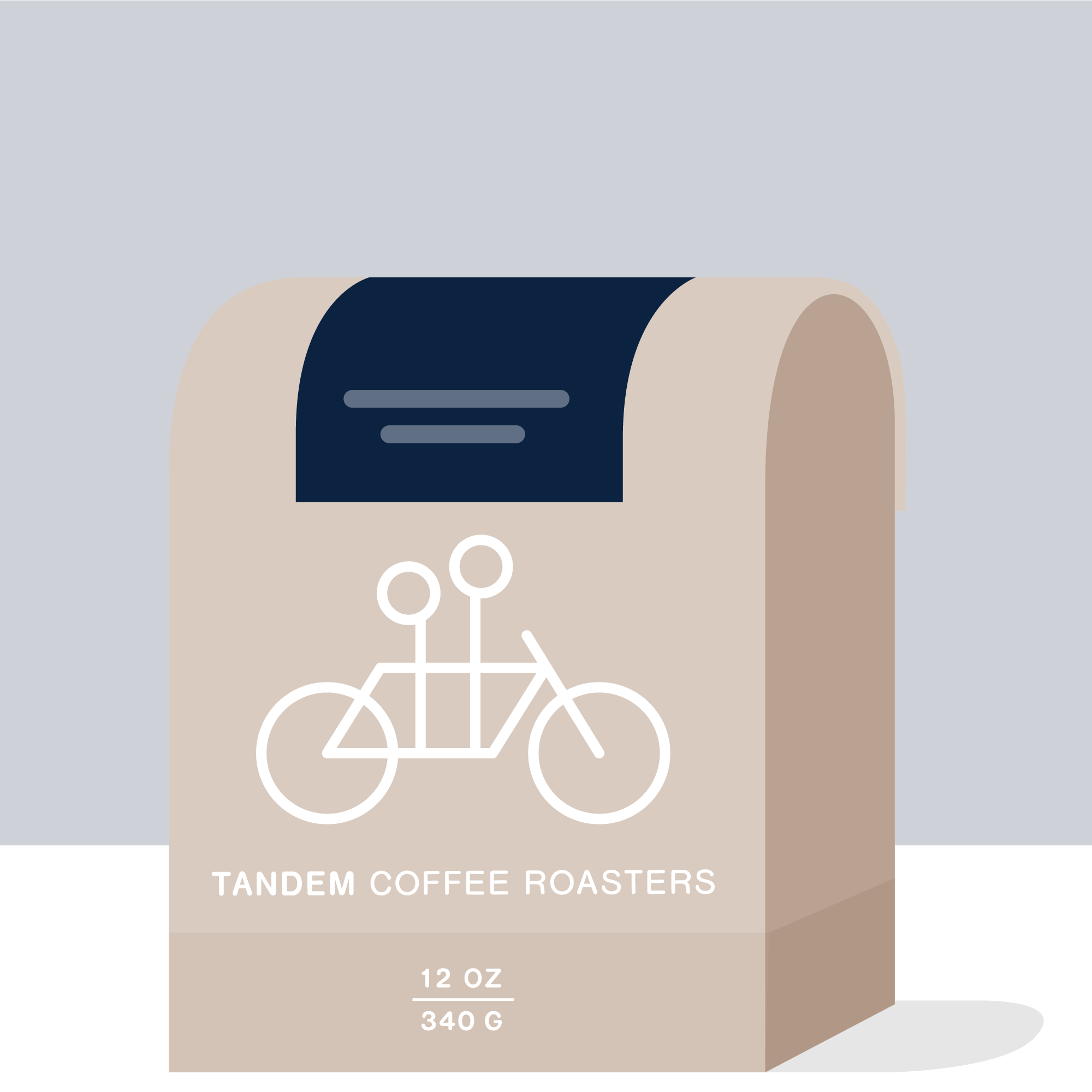 A flat, blue-toned illustration of a West End Blues light brown paper coffee bag from Tandem Coffee Roasters, featuring a white graphic of a tandem bicycle. The bag indicates drip coffee with hints of baking.