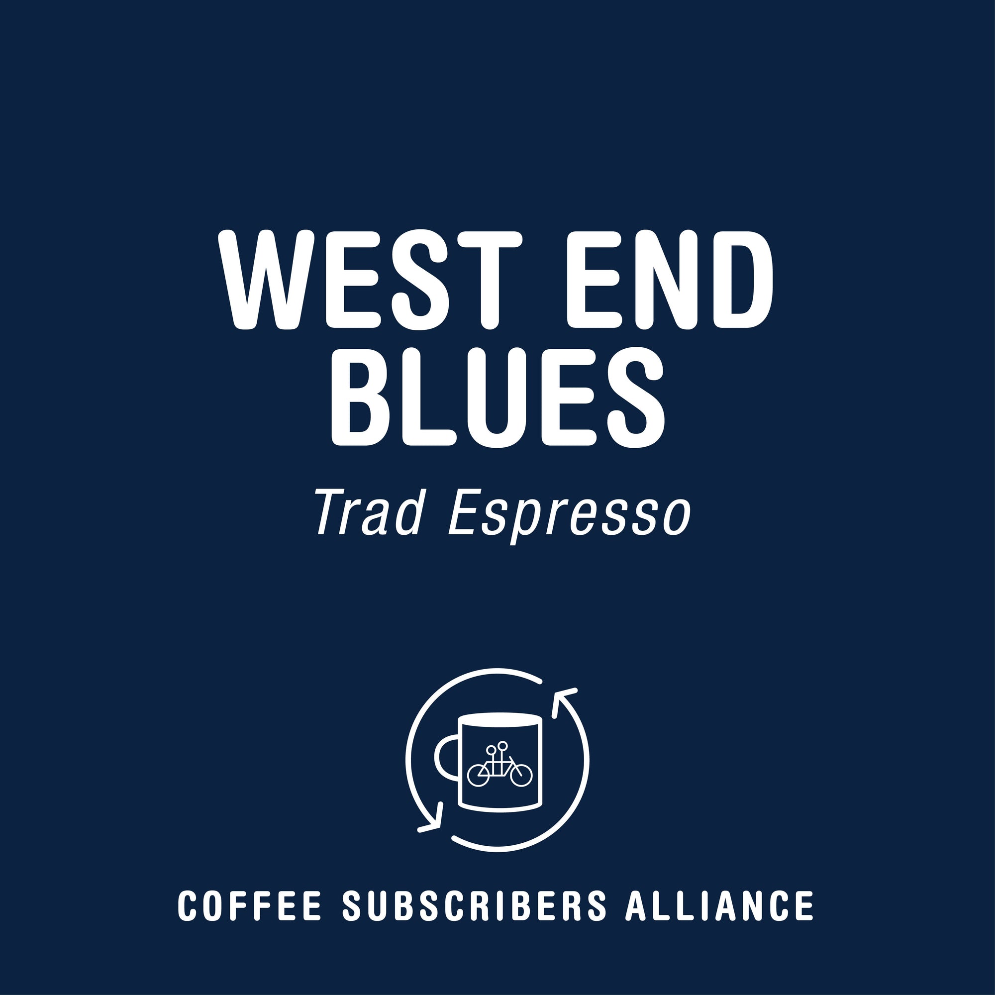 Logo design for "Tandem's West End Blues Subscription," featuring a coffee cup with bicycle wheels on a navy background, associated with the coffee subscription alliance.