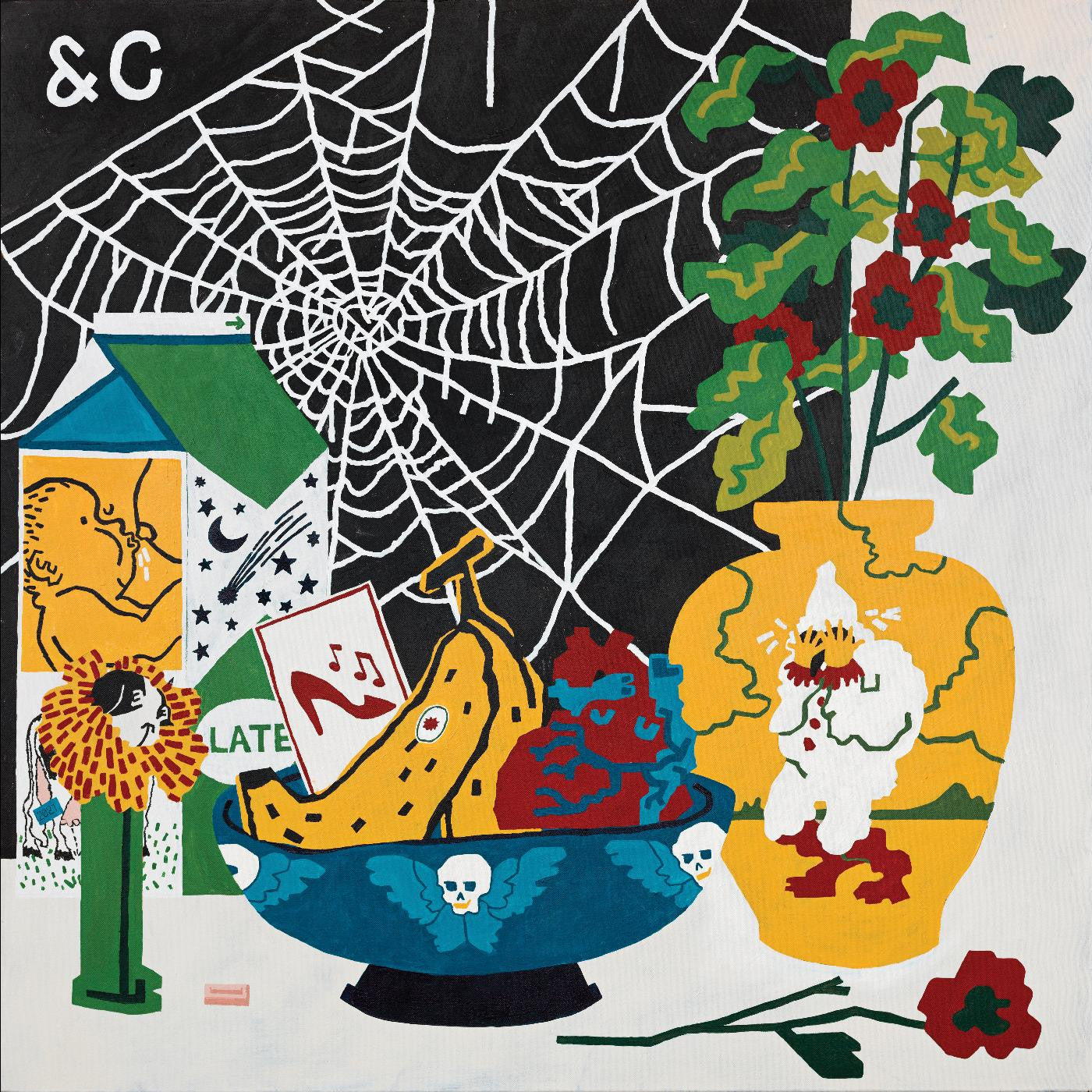 A vibrant, colorful artwork featuring a bowl with fruit and skulls, a cat in a vase, a sunflower, Parquet Courts - Sympathy for Life, and various abstract patterns.