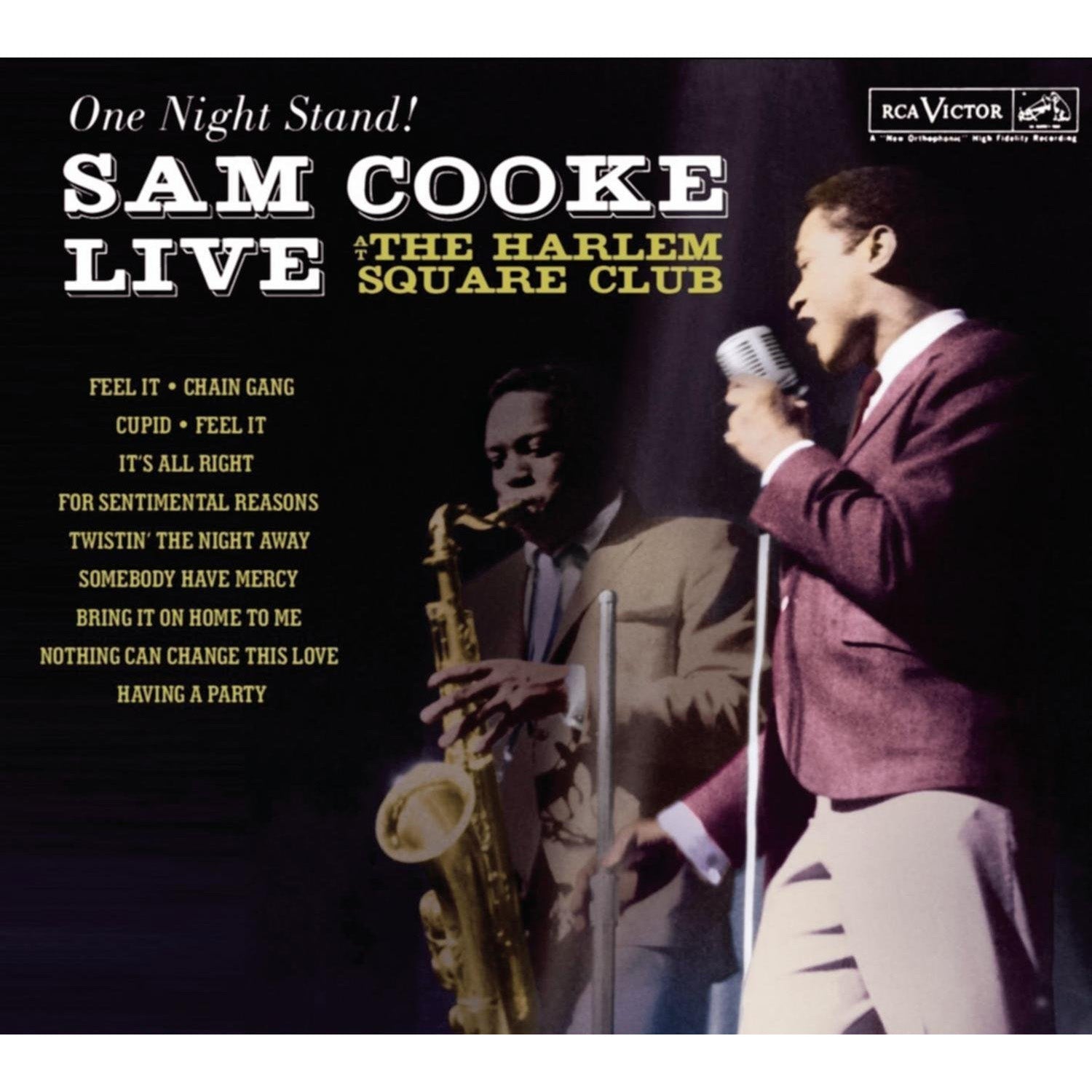 Two men—one on saxophone, one with a microphone—evoke Sam Cooke’s soulful era, channeling the energy of Tandem's "Sam Cooke - One Night Stand: Live at the Harlem Club.