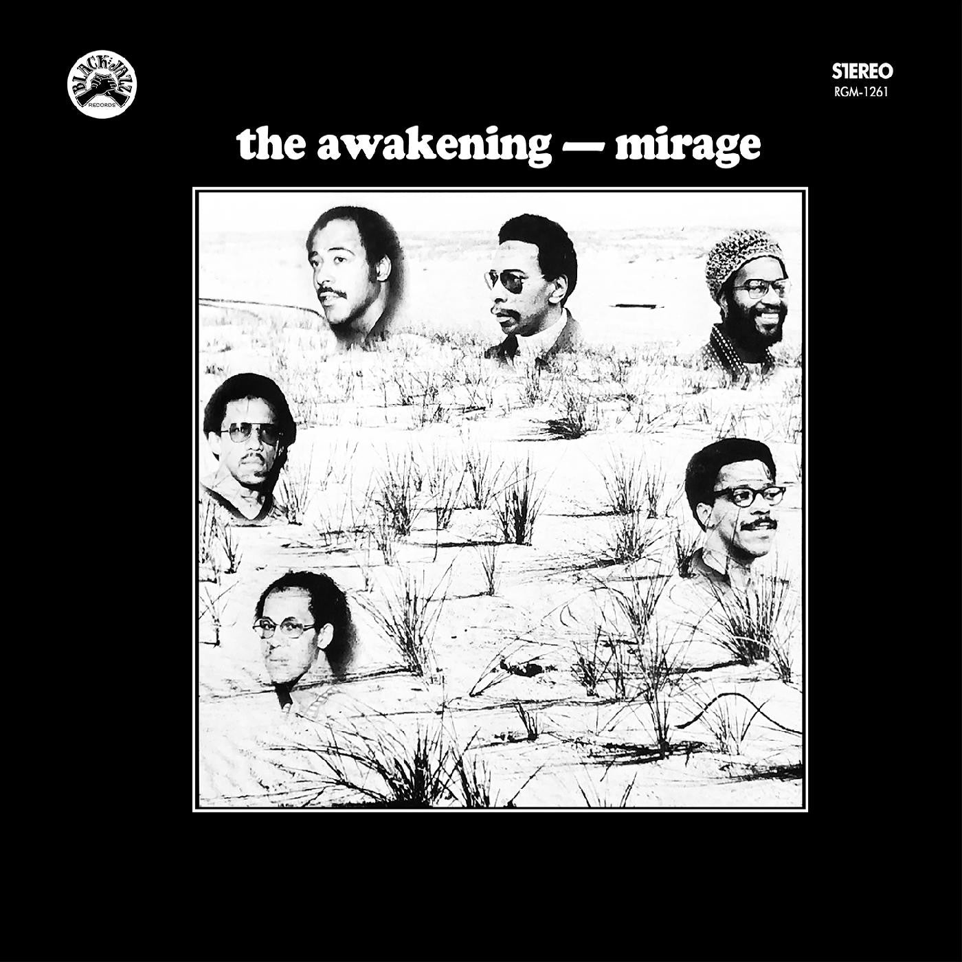 Album cover for The Awakening - Mirage by Tandem Coffee Roasters, with six men's black-and-white portraits over a sparse sandy landscape, mysterious Slinky Mirage style, on a black background with white text and logos.