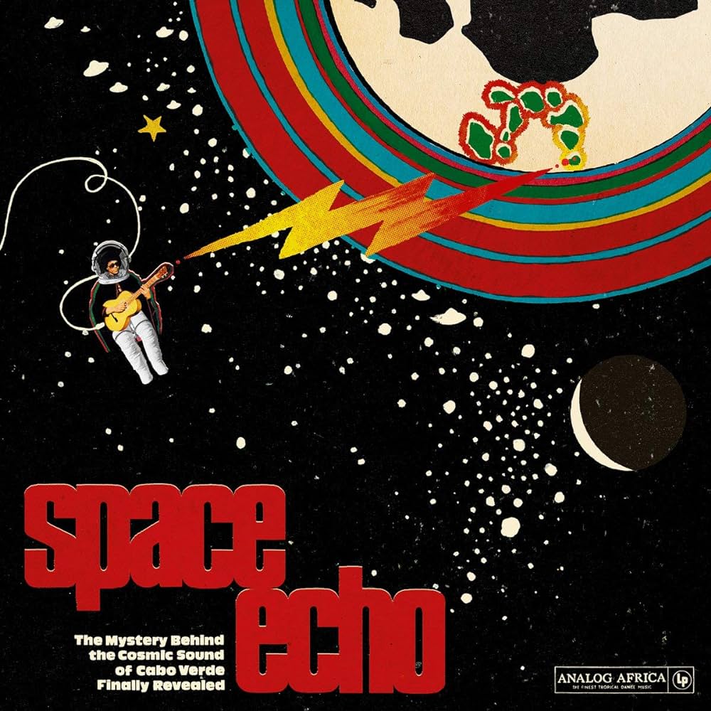 Illustrative album cover titled "Space Echo - Double LP" for the Analog Africa playlist, featuring an astronaut playing a keyboard with colorful sound waves in space, surrounded by planets and stars, with a retro design aesthetic.