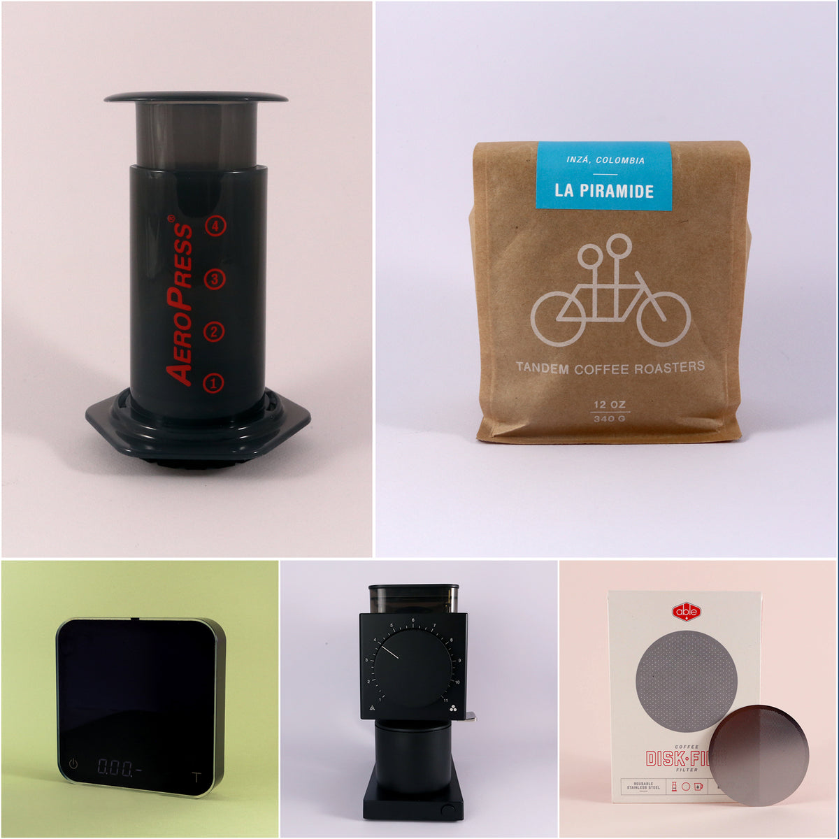 A collage featuring six images related to coffee preparation: an AeroPress Deluxe Kit from Tandem Coffee Roasters, a bag of freshly roasted La Piramide coffee beans, a kitchen scale, a wristwatch, a drip coffee filter.