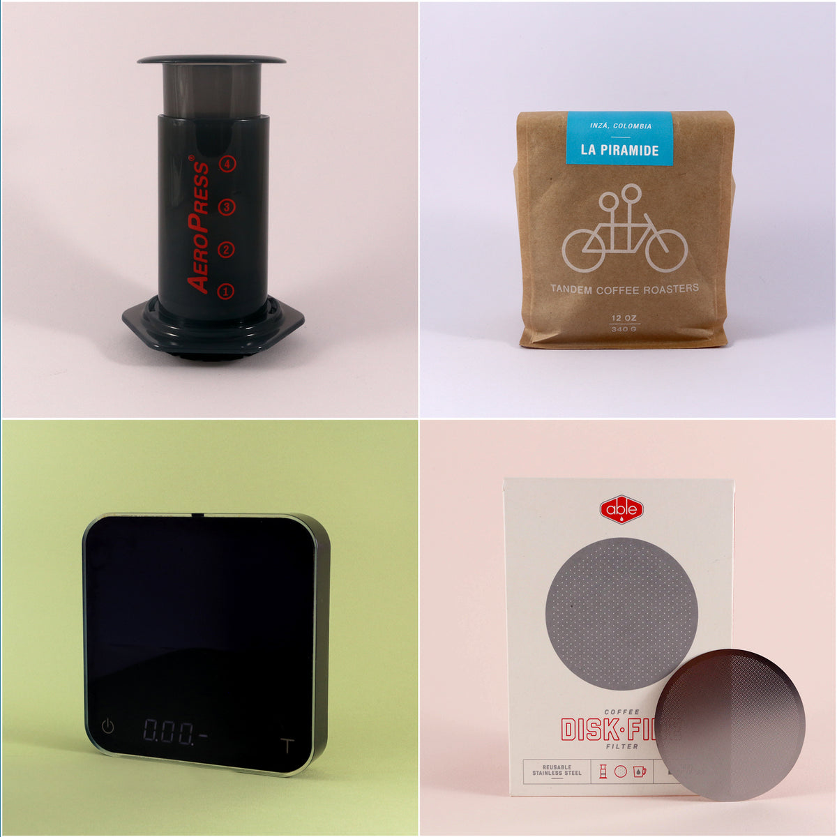 Four grid image showing: 1) an AeroPress Deluxe Kit coffee maker, 2) a bag of freshly roasted Tandem Coffee Roasters La Piramide coffee, 3) a black digital timer, 4) an able.