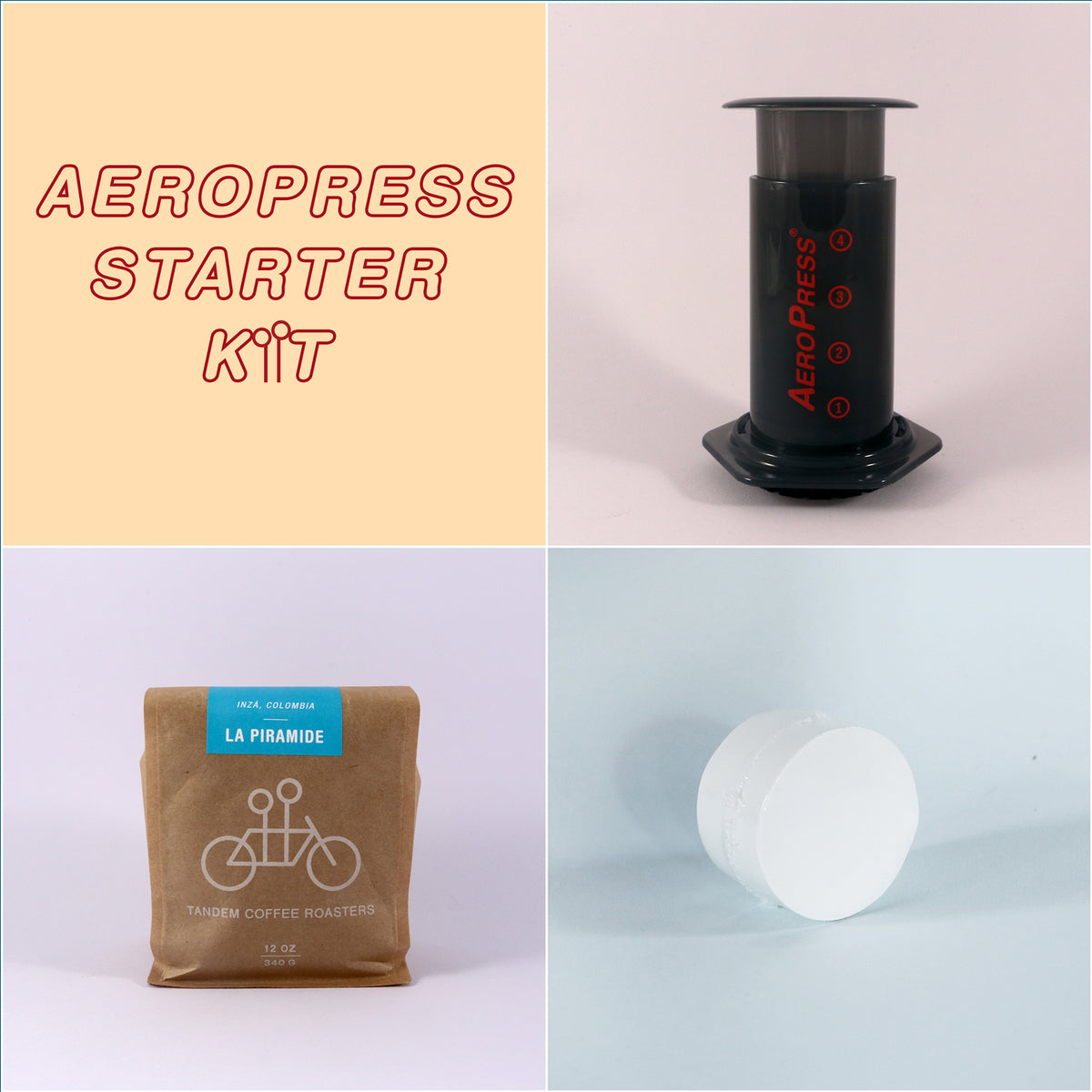 Collage of four images depicting a Tandem Coffee Roasters AeroPress Starter Kit, including the labeled AeroPress device, a bag of freshly roasted coffee beans, and a filter.