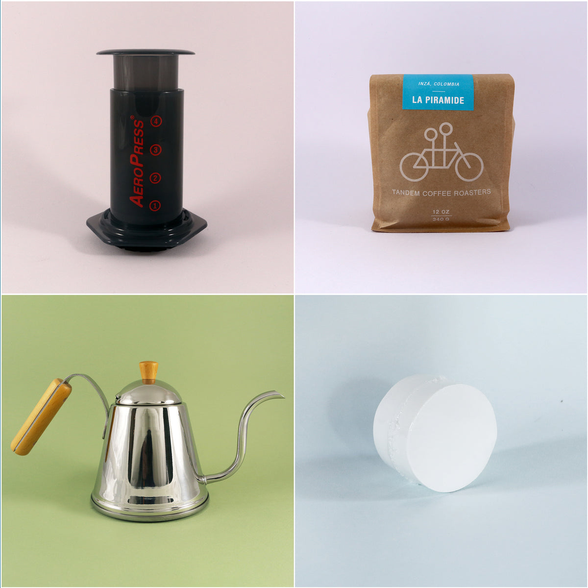 Collage of four images: a Tandem Coffee Roasters AeroPress Starter Kit, a brown bag of freshly roasted La Pirámide coffee beans, a stainless steel gooseneck kettle with a wooden handle, and