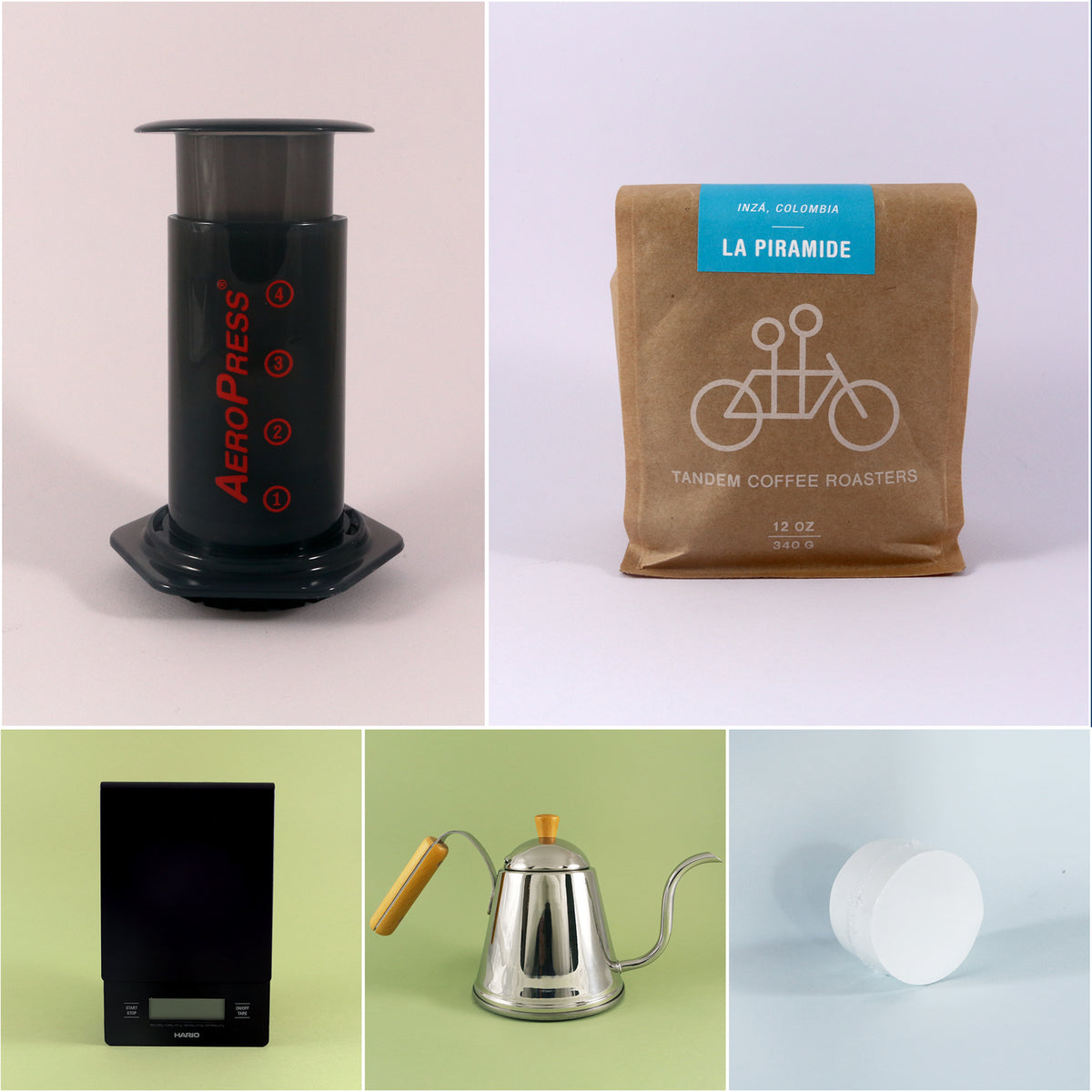 A collage of six images featuring various items: an Tandem Coffee Roasters AeroPress Starter Kit, a bag of 'la piramide' freshly roasted coffee, a smartphone, a metallic kettle, a white pill, and an.