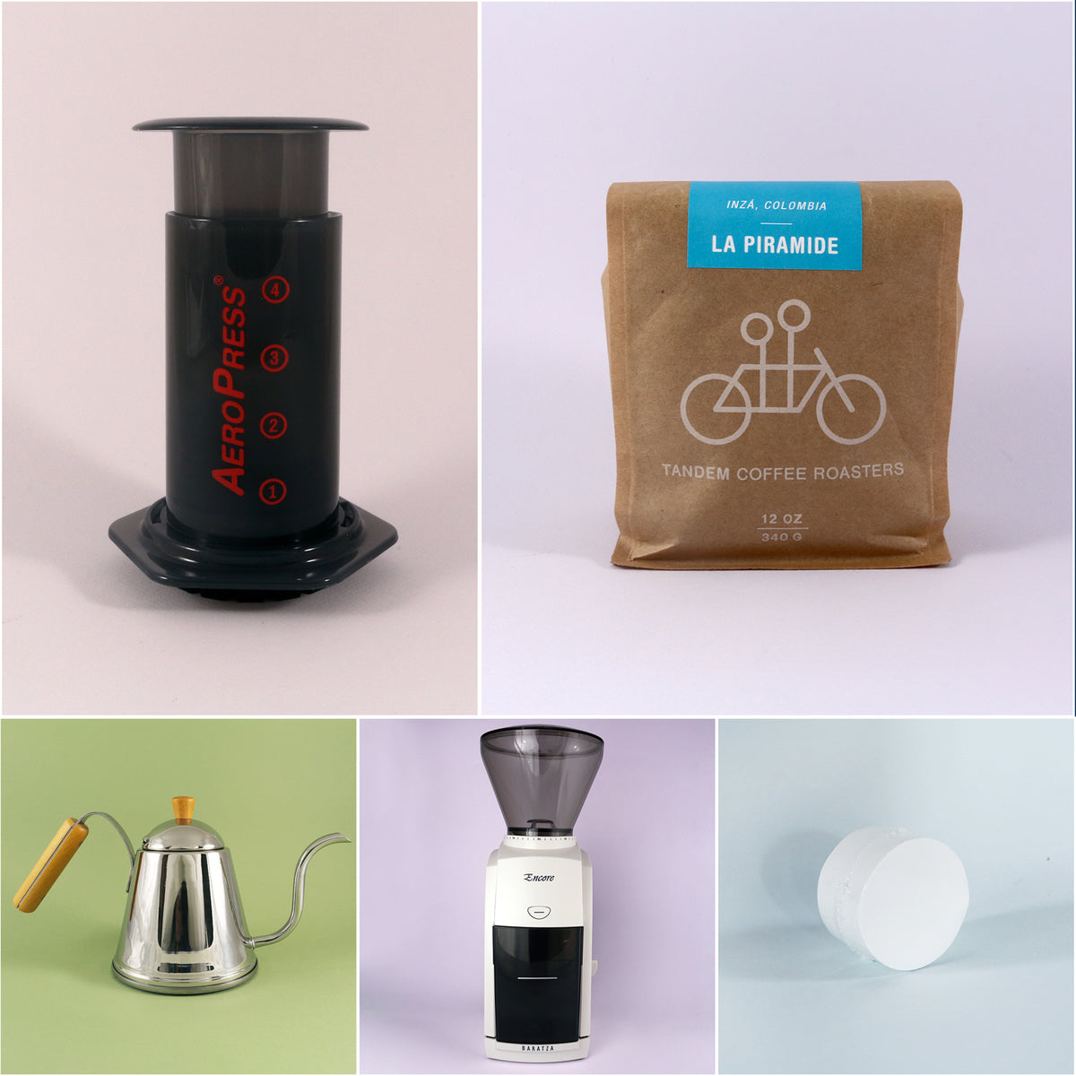 A collage featuring six images related to coffee preparation: Tandem Coffee Roasters AeroPress Starter Kit, bag of freshly roasted coffee beans, gooseneck kettle, Zassenhaus coffee grinder, white ceramic coffee filter, and two