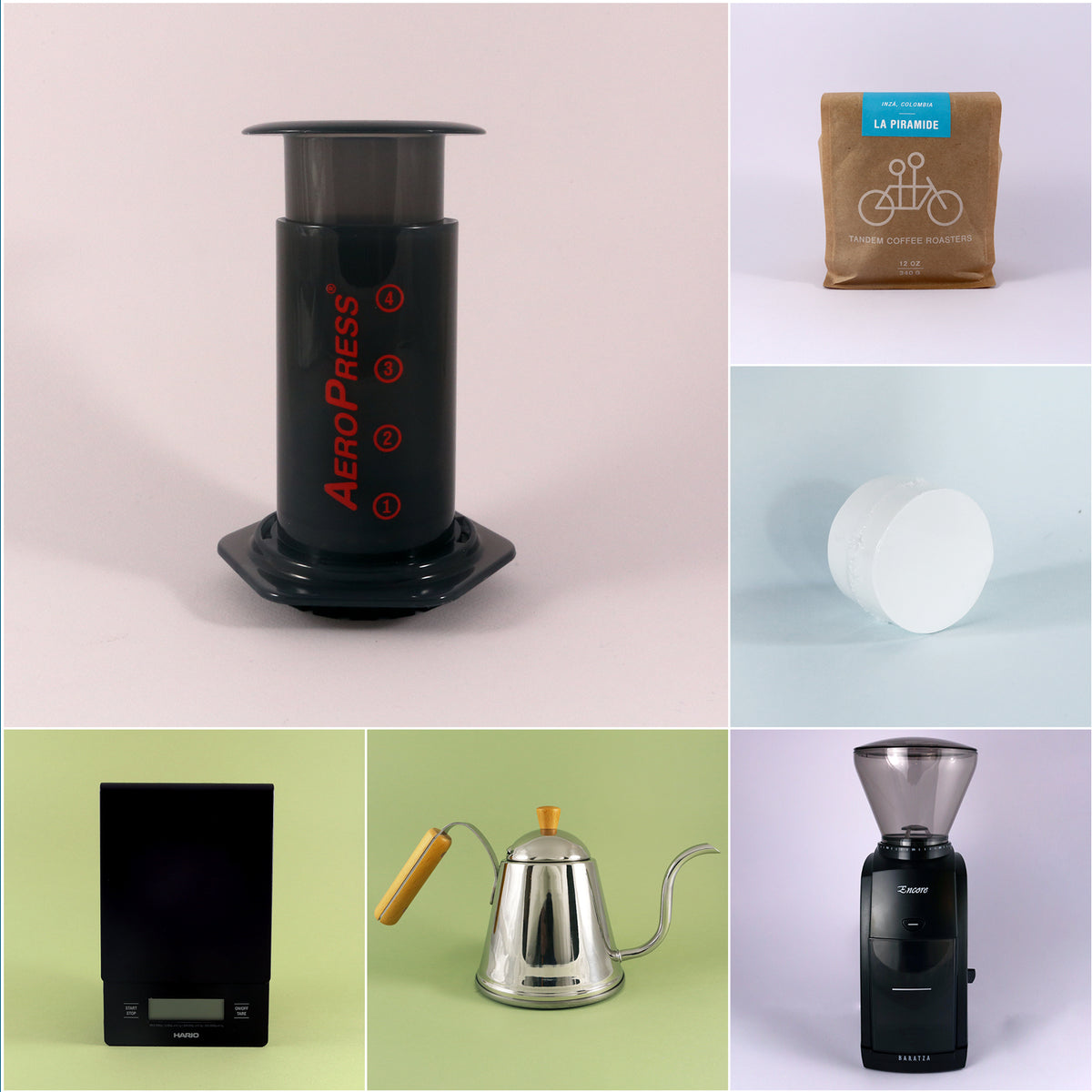 A collage showcasing various coffee equipment for home brewing, including a Tandem Coffee Roasters AeroPress Starter Kit, a bag of freshly roasted coffee beans, coffee filter papers, a digital scale, a goose-neck kettle, and a coffee grinder.