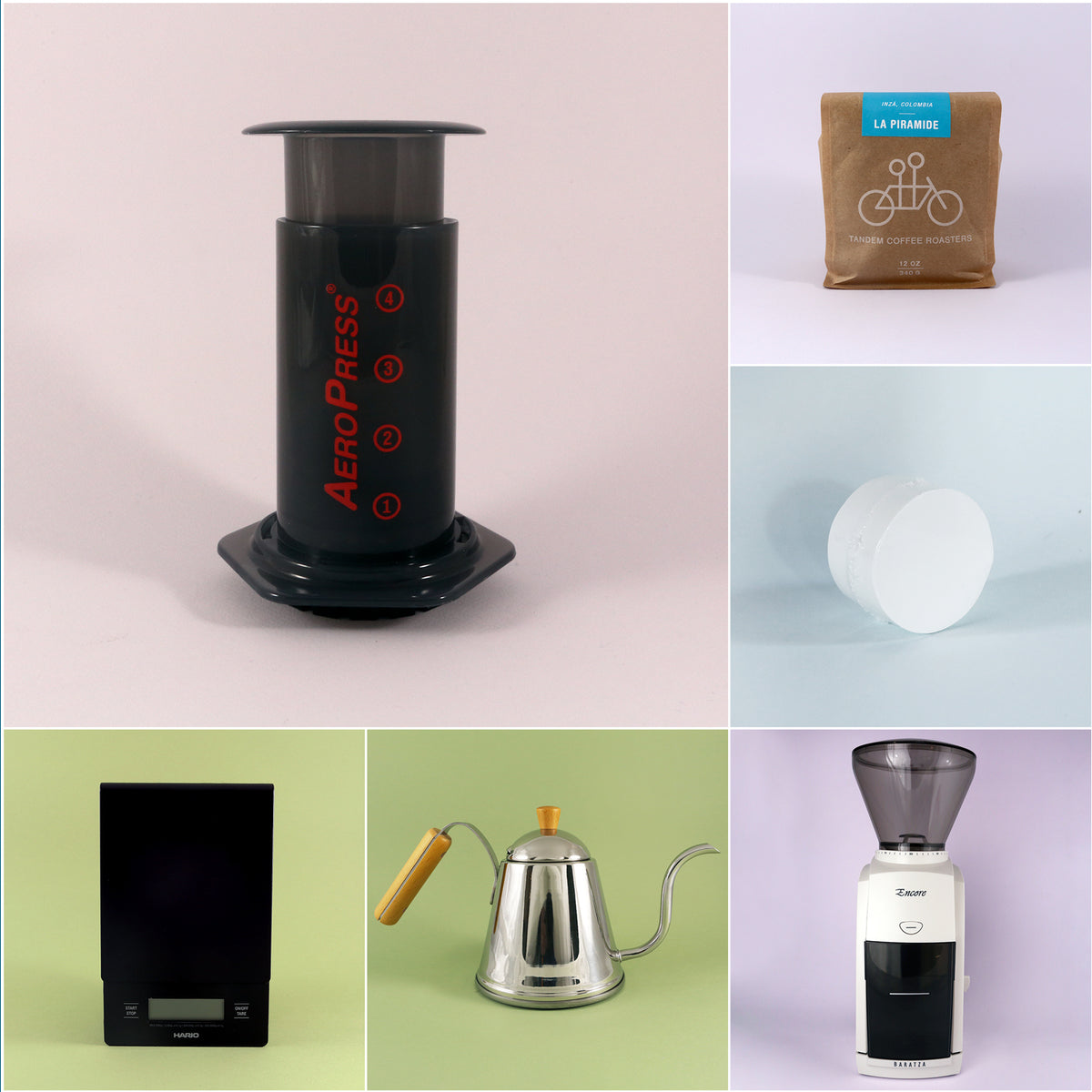 A collage of six images featuring coffee-making items: an AeroPress Starter Kit from Tandem Coffee Roasters, a bag of freshly roasted La Primavera coffee beans, white coffee filters, a black electronic scale, a silver goos