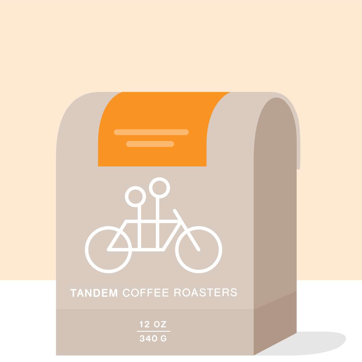 An Alma Pineda - Santa Barbara, Honduras coffee bag by Tandem Coffee Roasters featuring an orange label and a white line drawing of a tandem bicycle.