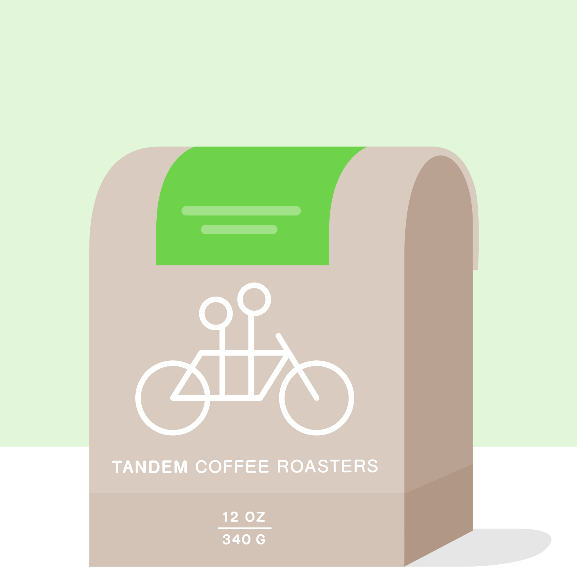 A tan 12 oz (340 g) coffee bag from Tandem Coffee Roasters labeled Bookkisa - Natural Ethiopia, featuring a simple white tandem bicycle illustration and green accent, contains naturally processed beans from smallholder garden farmers.