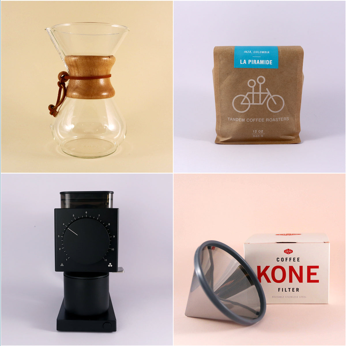 A collage of four images showcasing coffee equipment: a glass coffee dripper, a bag of freshly roasted Tandem Coffee Roasters La Piramide coffee beans, a coffee grinder, and a box of 'kone' coffee filters.