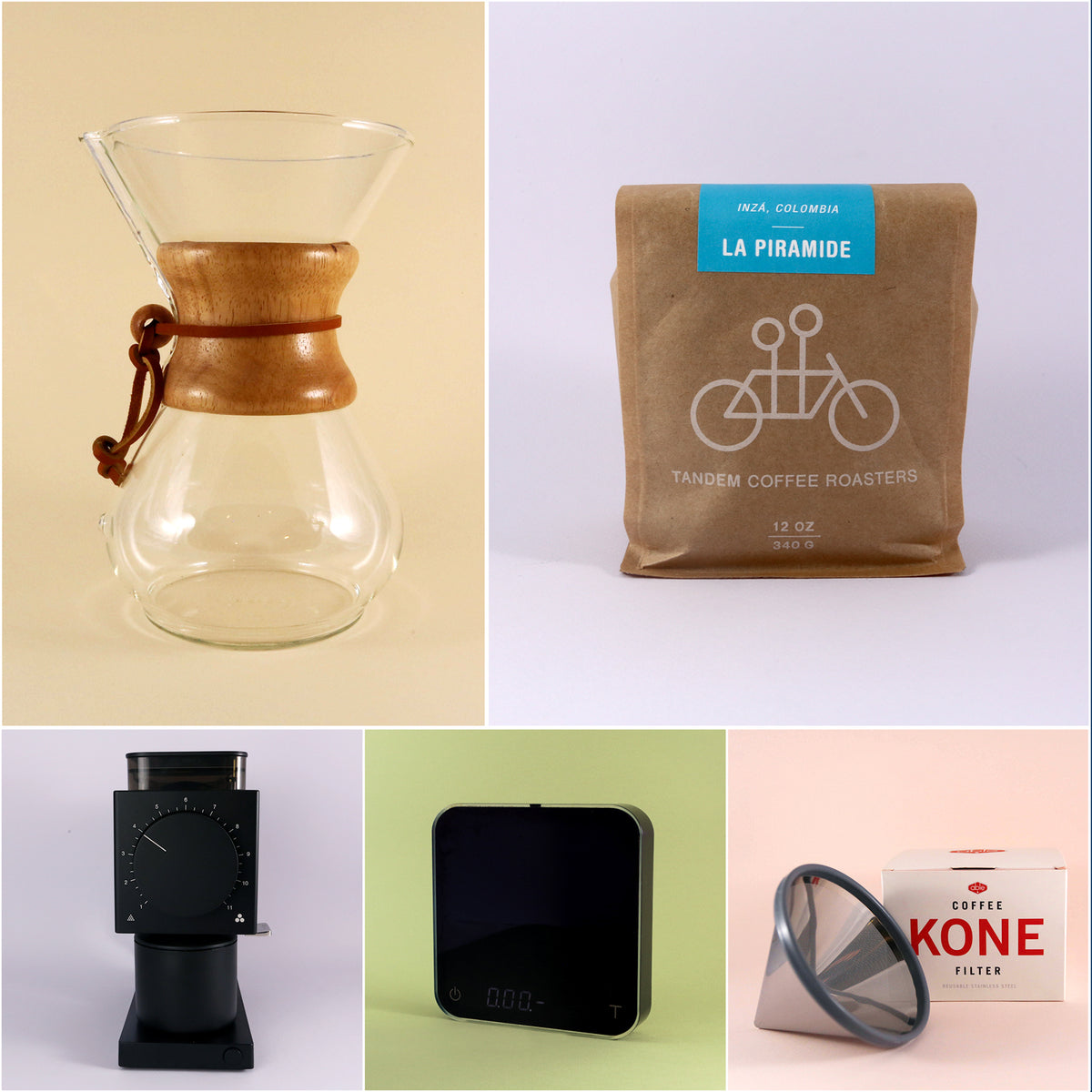 A collage of six items related to coffee making: a glass Chemex Deluxe Kit brewer with a wooden collar, a bag of freshly roasted La Piramide coffee beans, a Tandem Coffee Roasters coffee dripper, a manual coffee.