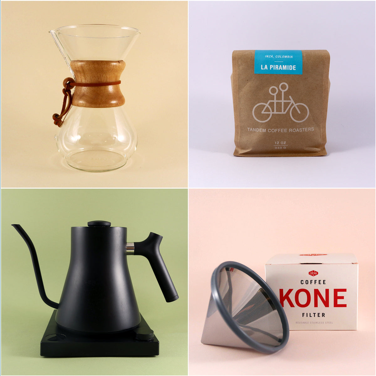 A collage of four images featuring coffee equipment: top left, a Chemex Deluxe Kit glass coffee dripper; top right, a bag of freshly roasted Tandem Coffee Roasters "La Piramide" coffee; bottom left, a black goos