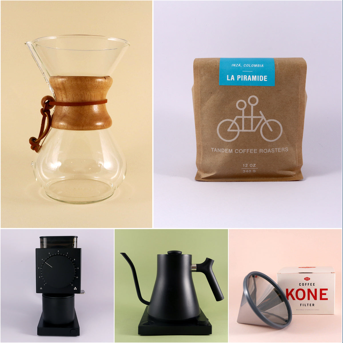 A collage of six images featuring various coffee brewing equipment and accessories, including a Chemex Deluxe Kit, a bag of freshly roasted La Piramide coffee beans, a kettle, a grinder, and an Able K from Tandem Coffee Roasters.