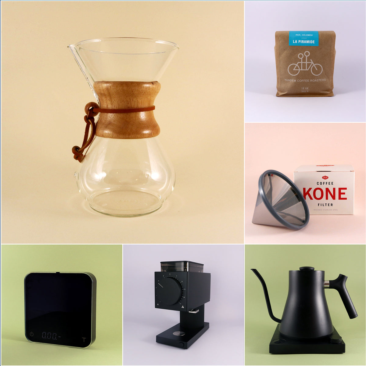 Collage of six coffee-related items: a glass Chemex Brewer with wood collar from Tandem Coffee Roasters, a bag of freshly roasted La Piramide coffee beans, a box of coffee filters, and a digital coffee scale