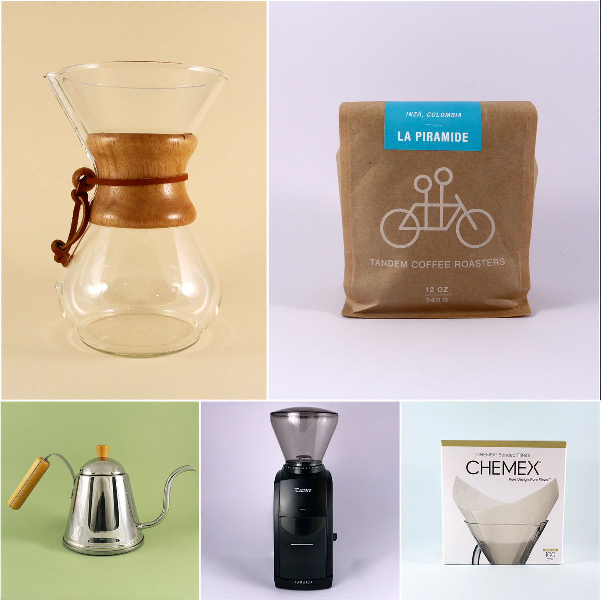 A collage featuring six images: a Chemex Starter Kit from Tandem Coffee Roasters: a glass coffee maker, a bag of freshly roasted La Piramide coffee beans, a stainless steel kettle, an electric coffee grinder, and two types of pour-over brewers.