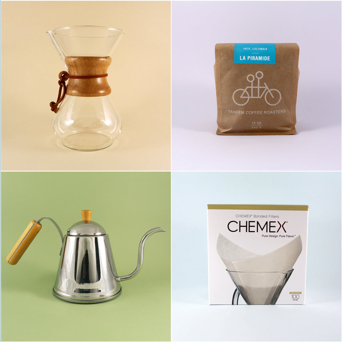 Collage of four images featuring coffee brewing items: a glass Tandem Coffee Roasters Chemex coffee maker, a bag of freshly roasted Tandem Coffee Roasters La Piramide coffee, a silver kettle with a wooden handle, and a box of Tandem Coffee Roasters Chemex Starter Kit.