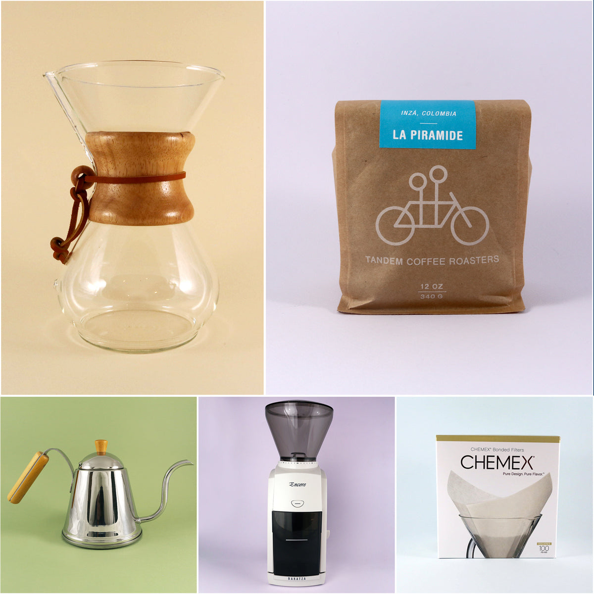 A collage features six images showcasing coffee-related items: a glass Chemex Starter Kit, a bag of freshly roasted La Piramide coffee beans, a stainless steel gooseneck kettle, a coffee grinder, and.