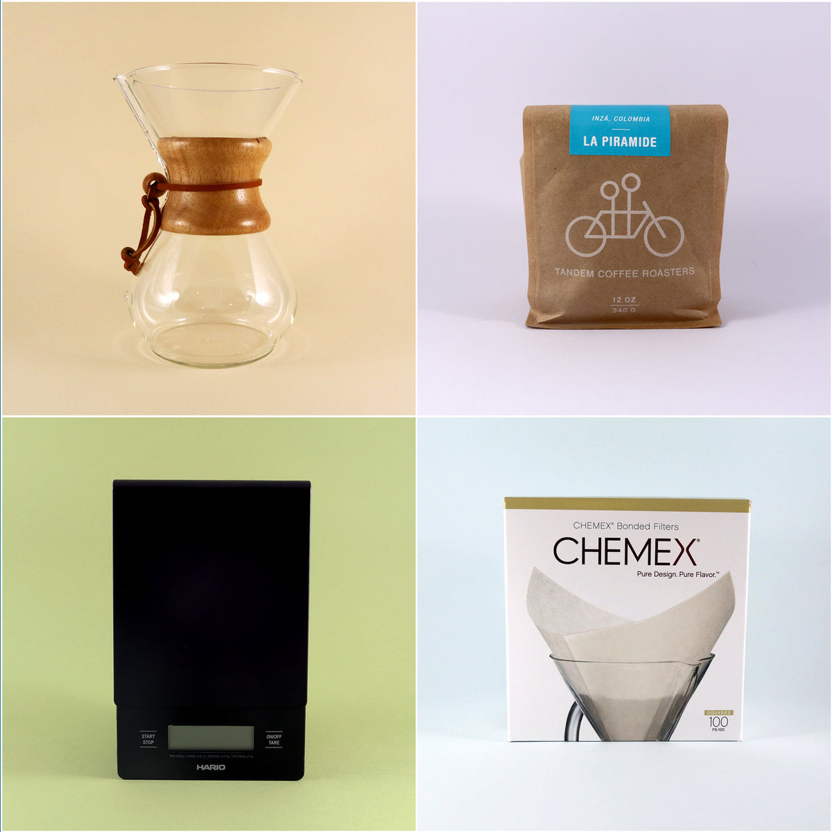 Four images featuring coffee brewing equipment: top-left shows a glass Chemex carafe, top-right displays a brown bag of freshly roasted Tandem Coffee Roasters La Piramide coffee, bottom-left presents a black huami coffee scale.