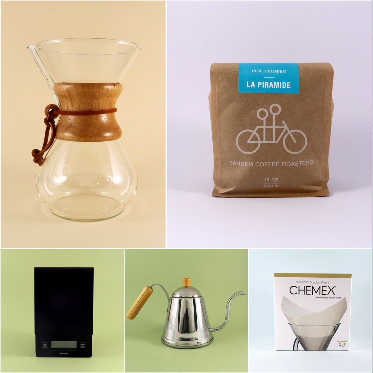 Collage of six images showing coffee brewing equipment and accessories: a Tandem Coffee Roasters Chemex Starter Kit, a bag of freshly roasted La Piramide coffee beans, a kettle, a box of Chemex Paper Filters.