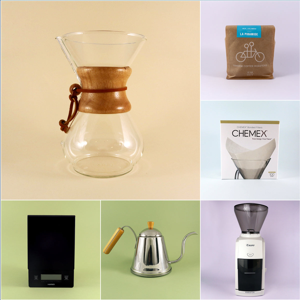 Collage of six coffee-related items, including a glass coffee maker, bags of freshly roasted La Piramide coffee beans, an electronic grinder, a Chemex Starter Kit from Tandem Coffee Roasters, a gooseneck kettle, and