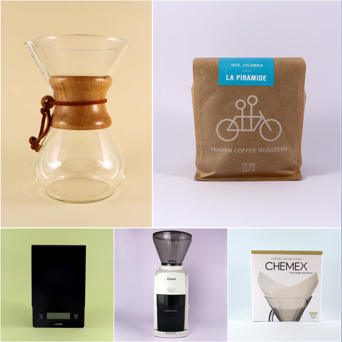 A collage image showcasing coffee equipment and products: top left is a Tandem Coffee Roasters Chemex Starter Kit, top right shows a bag of freshly roasted La Piramide beans, bottom left features a black grinder, and bottom