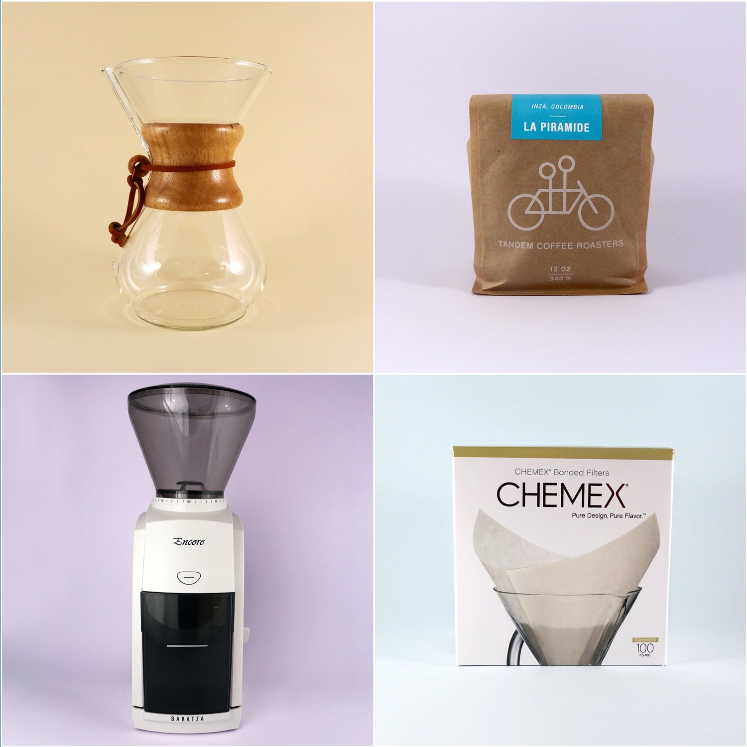 Collage of four images featuring coffee equipment: top left, a glass Tandem Coffee Roasters Chemex Starter Kit; top right, a bag of freshly roasted La Pirámide coffee; bottom left, a Baratza