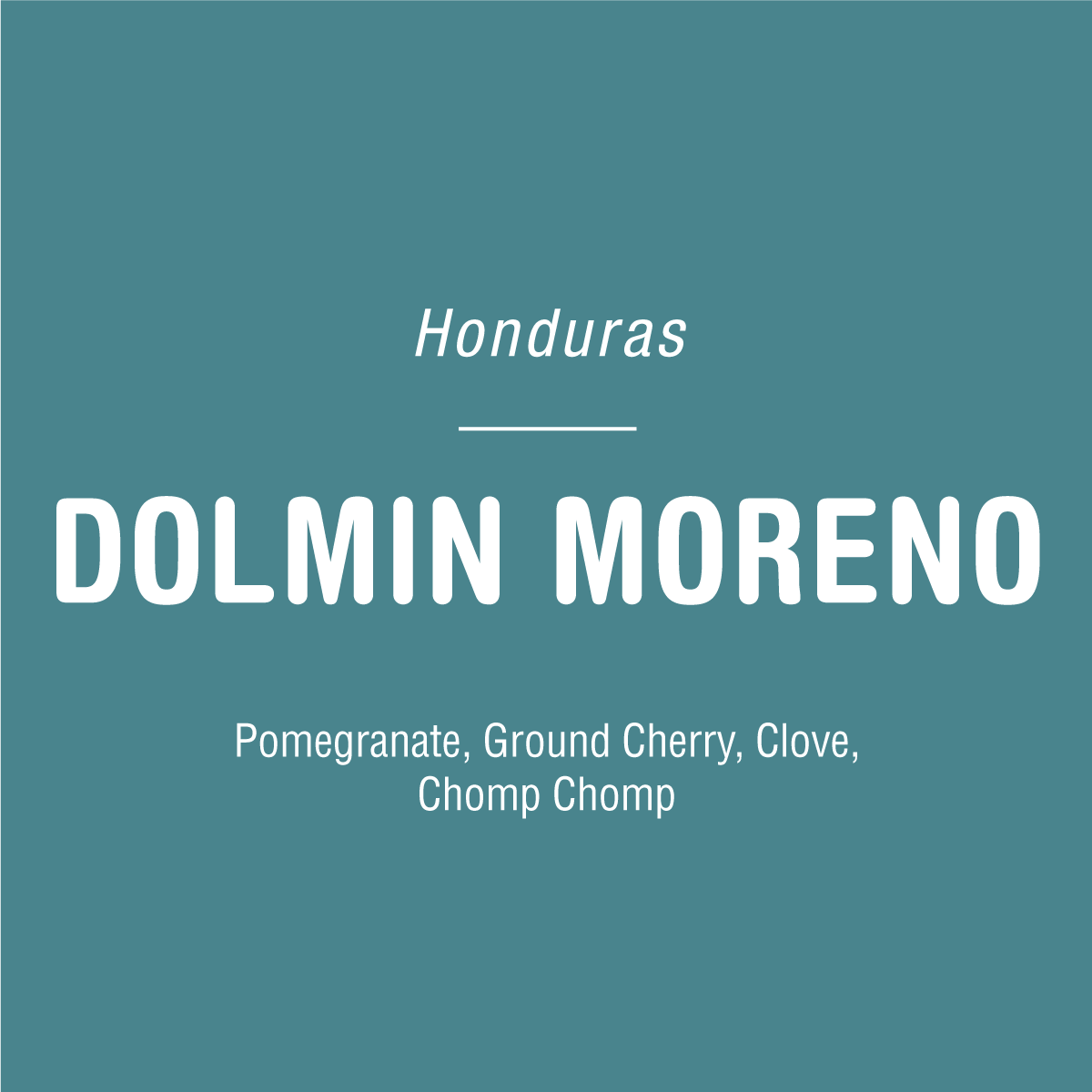 Text on a teal background reads: “Tandem Coffee Roasters; Dolmin Moreno - Honduras; Santa Barbara Honduras, Pomegranate, Ground Cherry, Clove, Chomp Chomp.”.