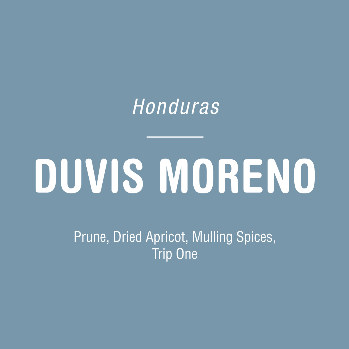 Light blue square with white text reads: “Tandem Coffee Roasters Duvis Moreno - Honduras. Pacas specialty coffee with notes of prune, dried apricot, and mulling spices. Trip One.”.